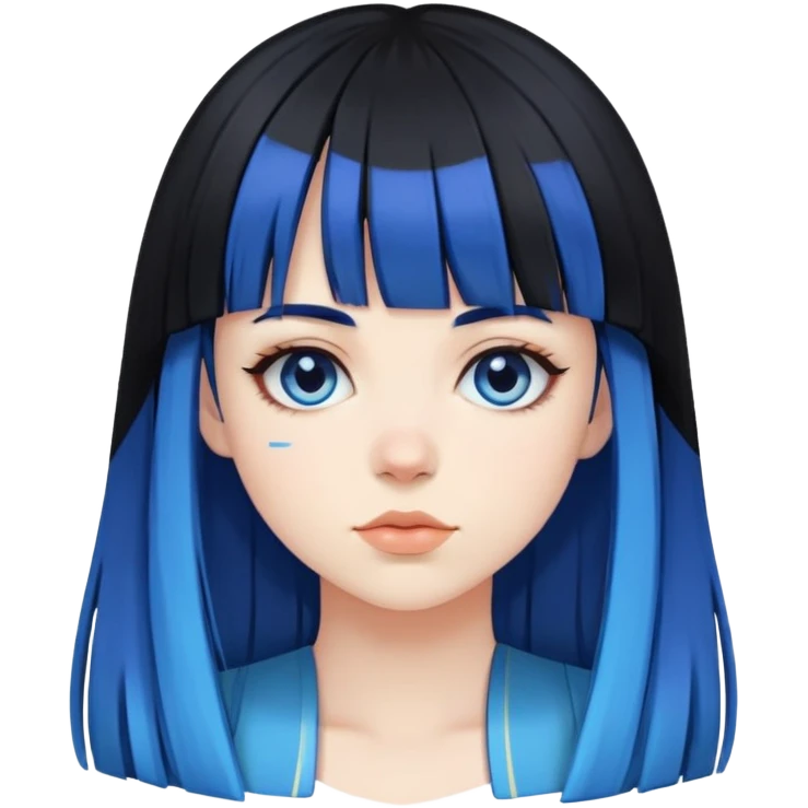 Pale girl with all black hair and bangs, but two strips of blue hair on the side emoji