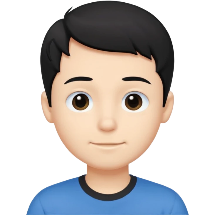 Cute cartoon-style boy portrait, black hair, blue t-shirt, big black eyes, closed mouth,clean bold lines, flat colors, minimal shading emoji