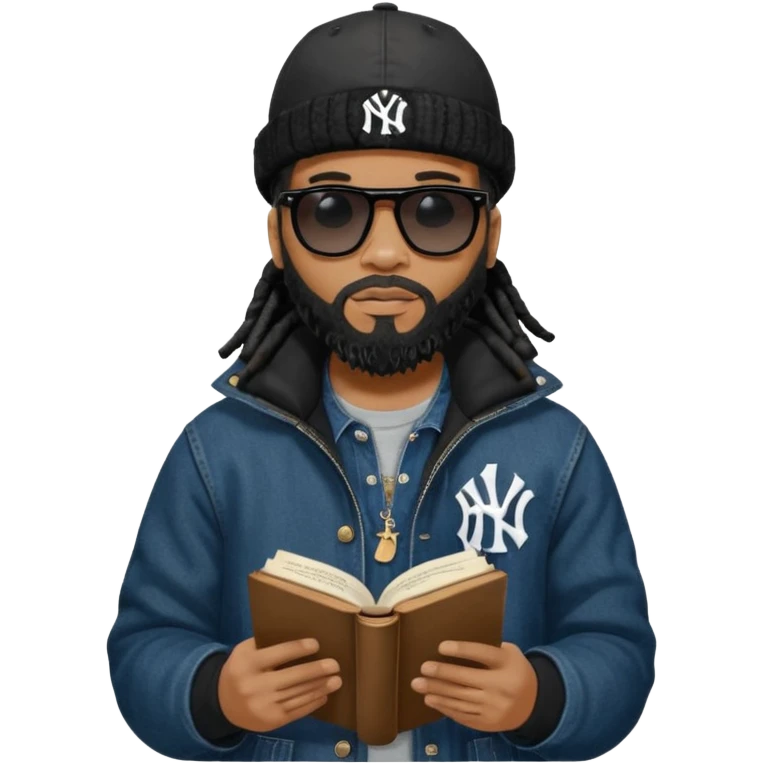 African American man with shoulder length black dreadlocks with black beard wearing black sunglasses wearing a black bubble winter coat wearing a black New York Yankees logo baseball cap wearing denim skinny jeans and Timberland boots reading a Bible emoji
