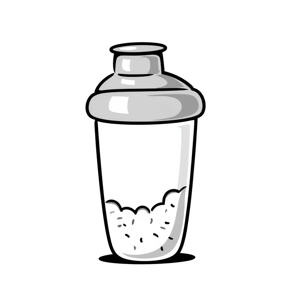 A protein shake in a shaker bottle with details in pastel colors (dd9fb0, ffc6d3, a3bfc9, c4bee2, f1b091), hand-drawn doodle style emoji