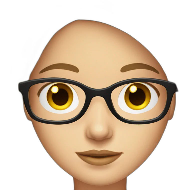 young white woman with brown straight hair and blue eyes wearing glasses with black frame emoji