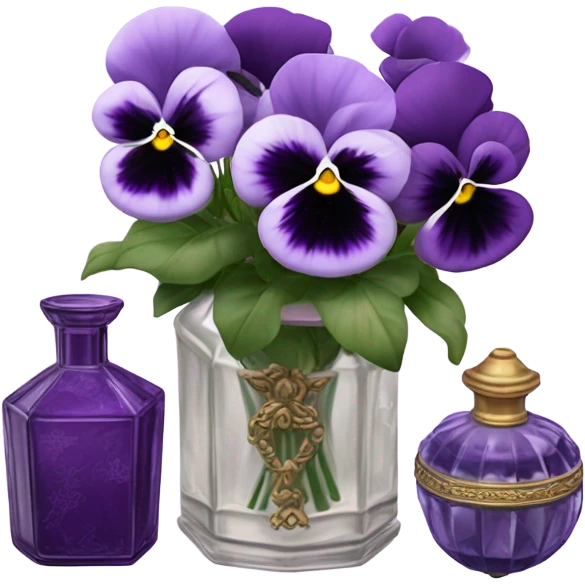 A pink aesthetic still-life: a decorative candle in a glass jar, violet pansies in a crystal vase, and an ornate purple perfume bottle emoji