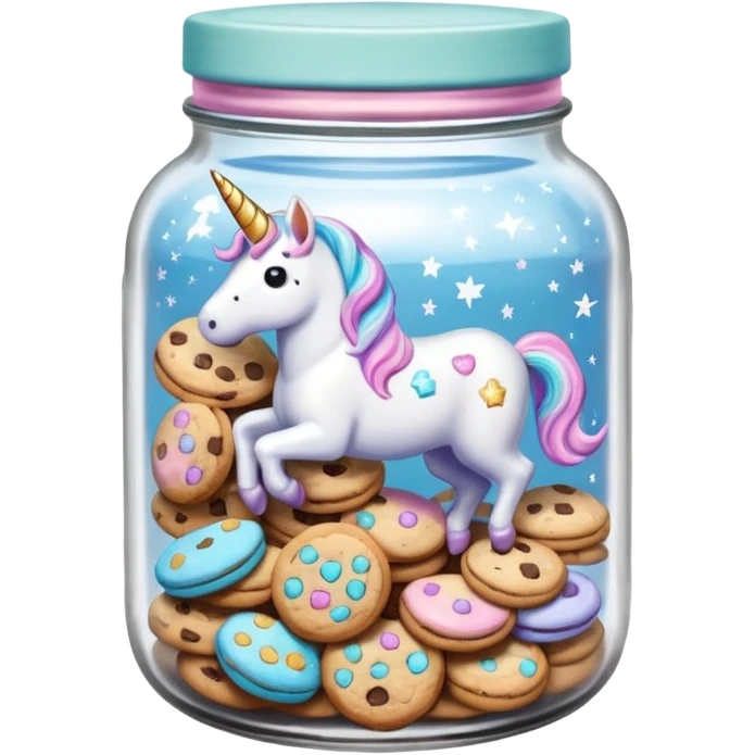 A sparkly pastel chewy chocolate chip unicorn cookie in an organized jar, saying "Cookie Jar" with some small illustrations on the jar to indicate there's cookies stored instead emoji