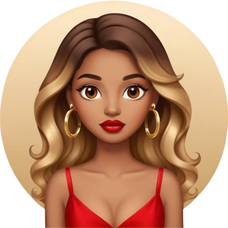 light brown skin tone, very beautiful woman, with big plump lips, long long lashes, ombre wavy long hair, brown eyes, red dress, gold hoop earrings emoji