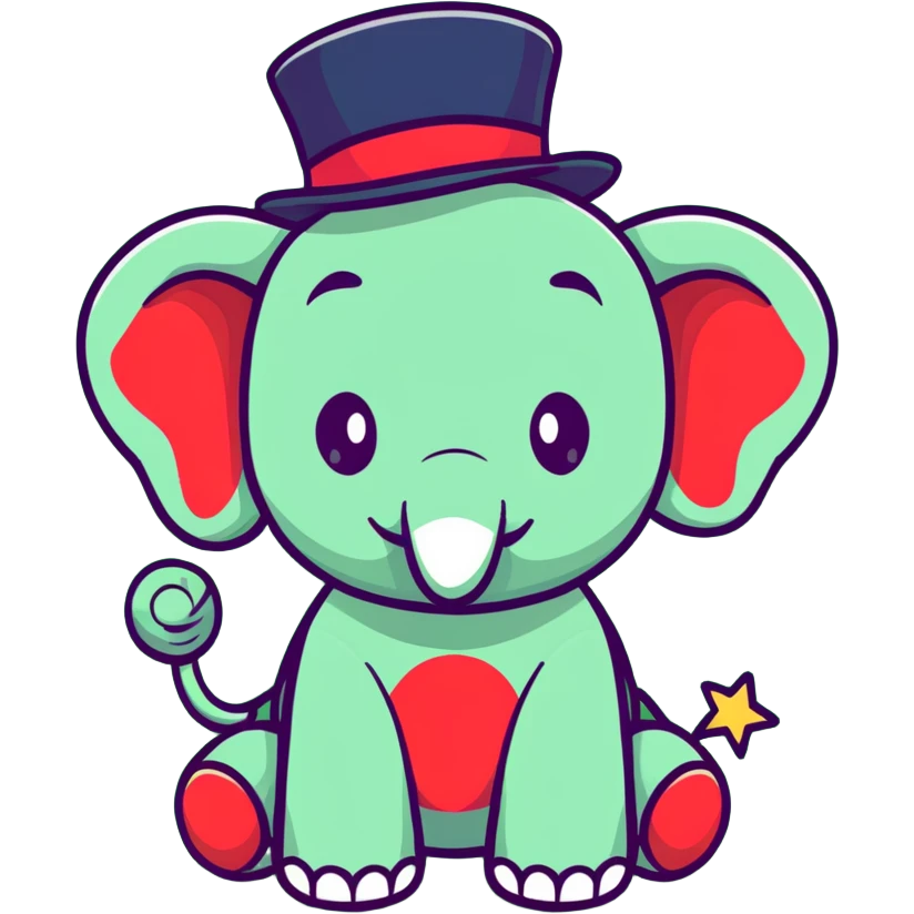 cute red elephant, big eyes, friendly smile, round and simple, wearing a stars-and-stripes top hat, cartoon sticker style emoji