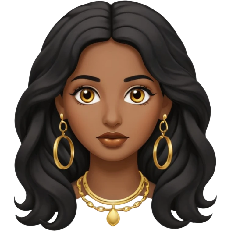 Attractive middle eastern woman with a wide face, baddie look, dark skin, Long wavy black hair and gold hoop earrings emoji