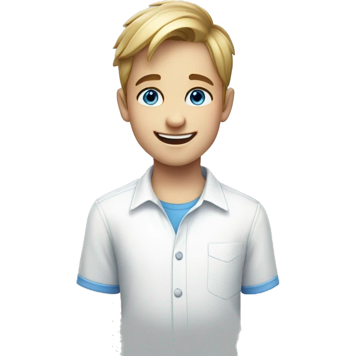 smiling boy in white shirt whit blue eyes emoji
