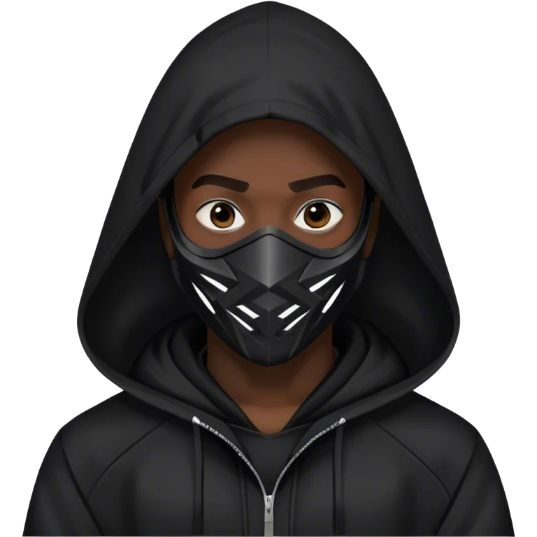 man with black hooded jacket and a full-black full-face geometric mask emoji