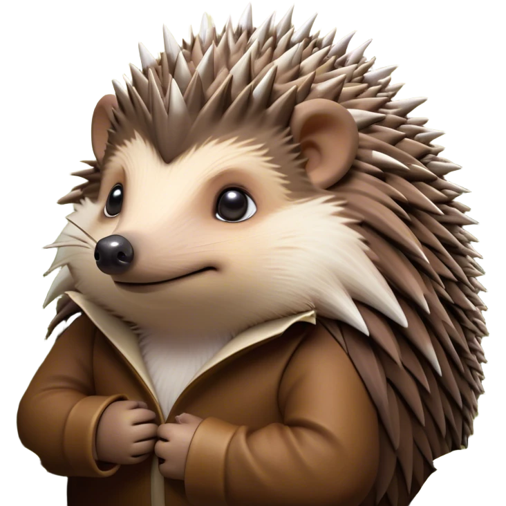 Cinematic Noble Hedgehog Portrait Emoji, Poised and regal, with a compact, spiky build and a rich, earthy Fur of brown spines and a soft underbelly, deep-set soulful beady eyes, Simplified yet sharp and sophisticated features, highly detailed, glowing with a warm, dignified glow, high shine, intelligent and endearing, stylized with an air of woodland charm, focused and attentive, soft glowing outline, capturing the essence of a watchful and confident little hedgehog, so majestic it feels as though it could scurry out of the screen with effortless authority! emoji