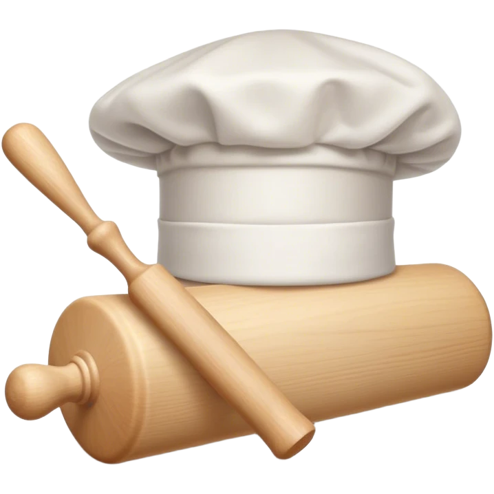 Cinematic Realistic Chef Hat & Rolling Pin, crisp white cotton hat with soft folds, resting beside a classic wooden rolling pin with smooth, polished curves, a light dusting of flour adding authenticity, warm kitchen lighting casting gentle shadows, glowing with a cozy and inviting charm. emoji