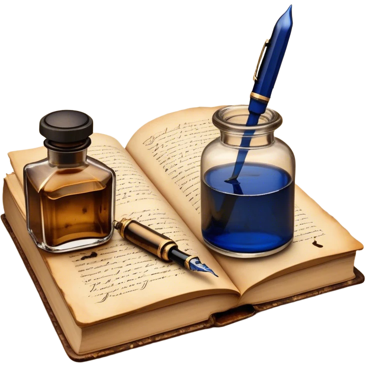 Create a vibrant emoji representing prose writing with an old-style, antique look. The design should include semi-turned pages of an old book with unfinished prose written on them. Add a vintage ink bottle (inkwell) and a classic fountain pen or quill with black or dark blue ink flowing onto the pages. Use warm, earthy tones like deep browns, golds, and creams for the book and ink bottle, with subtle ink splatters for an artistic touch. The overall style should evoke a sense of timeless storytelling and literary craftsmanship. Make the background transparent. emoji