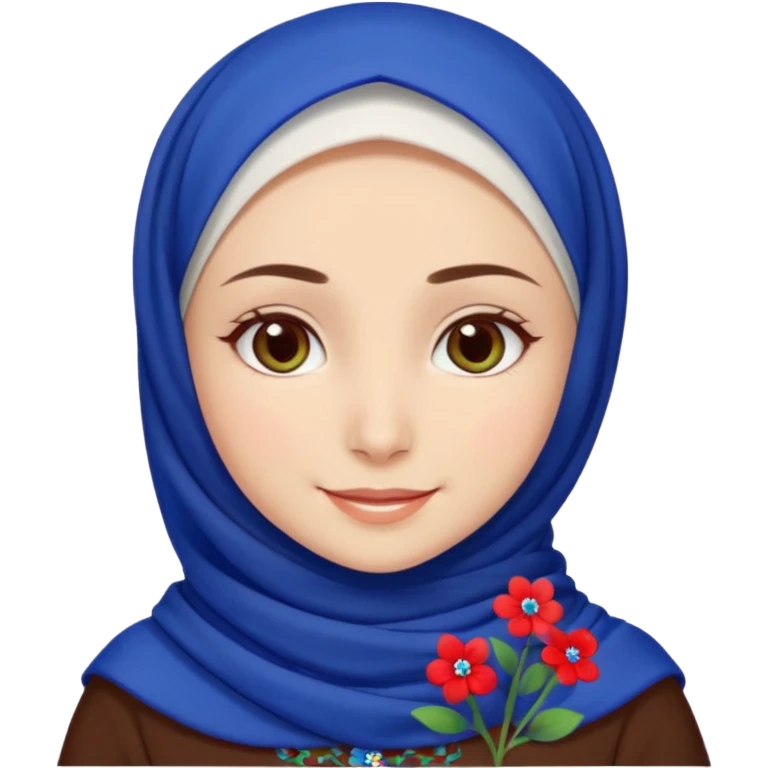 Turkish beautiful finish Konya girl brown eyes white skin with red blue indigo green mini flowers hijab and brown islamic dress and smiles emoji