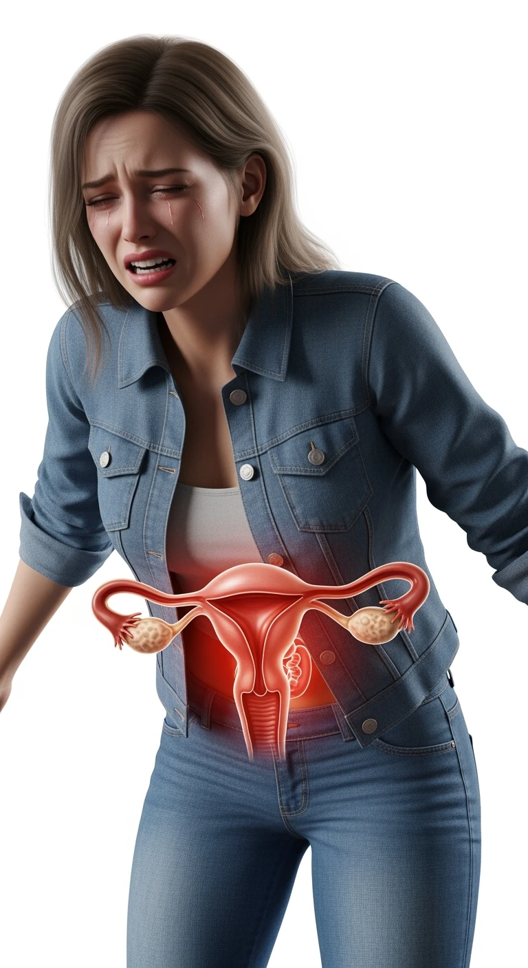 donna vestita casual realistico con utero umano anatomico in evidenza, dolore in volto
, IPERREALISTICO 4K, sfondo bianco emoji