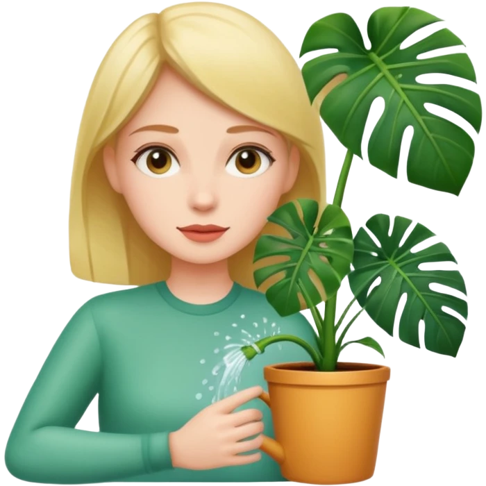 woman watering her monstera plant emoji