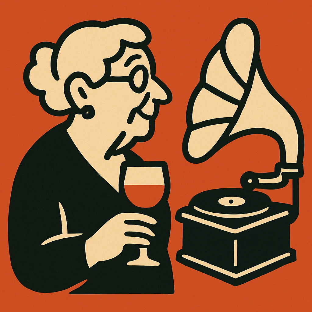 old lady with wineglass listening to gramophone emoji