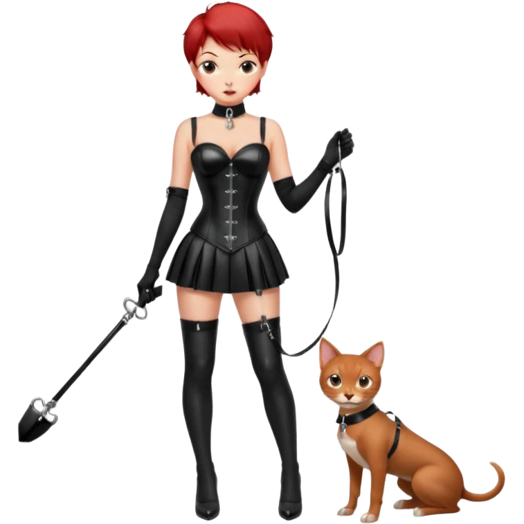 mistress, ragazza dominante, capelli rossi corti, sguardo serio, corsetto in pelle nero lucido, minigonna in latex, frusta in mano, guanti lunghi neri, calze autoreggenti nere, tacchi alti, ragazzo con collare e guinzaglio in mano alla ragazza emoji