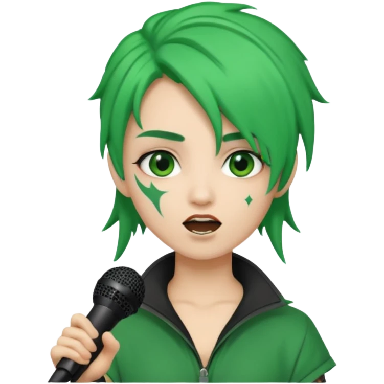 green haired, warior makeup, holding microphone, singing emoji
