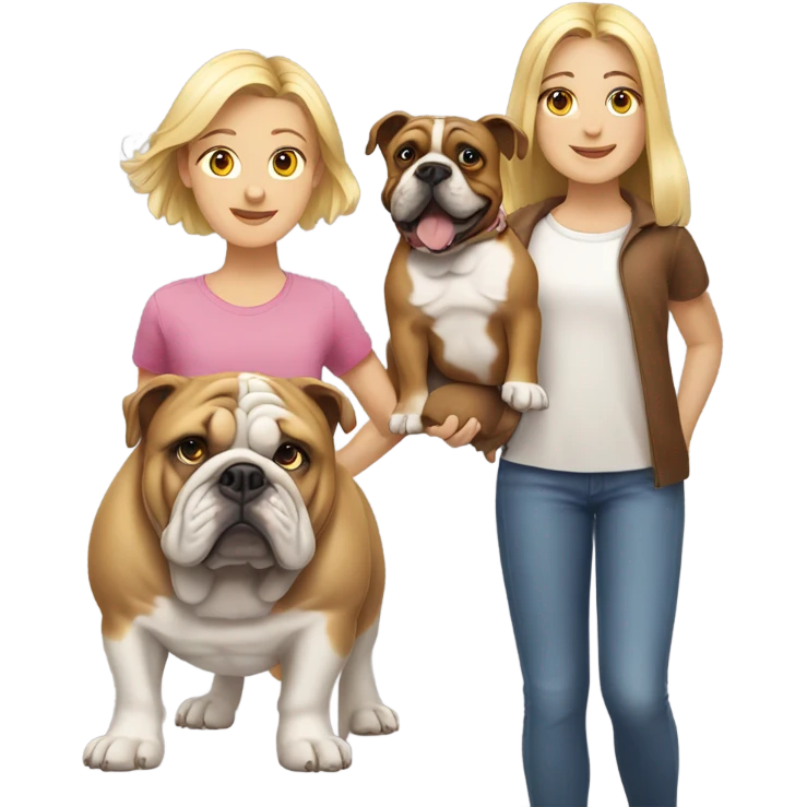 Girl with blonde hair and girl with brown hair with bulldog in the middle emoji