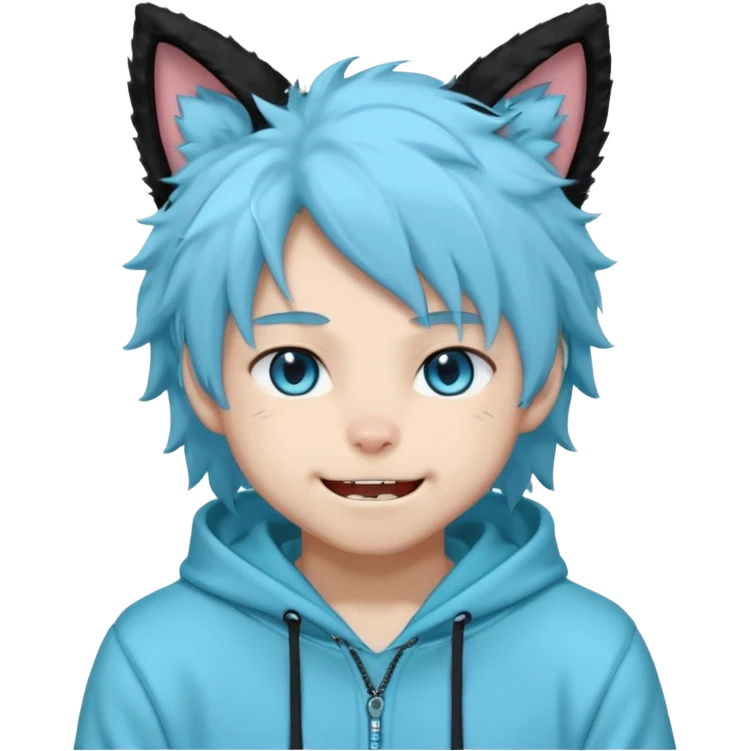 A fluffy anime-style male character with black fur, cat ears, a long fluffy tail, and sharp blue eyes. He wears a light cyan hoodie that says 'Imagine and go with the flow' and matching sweatpants. He has sharp fangs that show when he smiles, giving him a playful but mysterious vibe. emoji