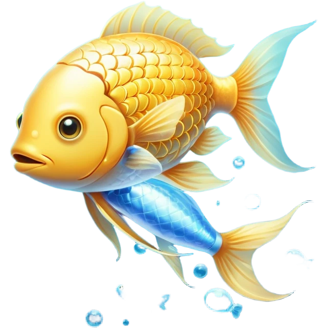 Ethereal golden fish swimming around a glowing brain, with omega-3 capsules floating between them. Flowing streams of luminous energy connect the fish, brain and omega symbol, all radiating with a soft golden light in a dreamy blue aura. emoji