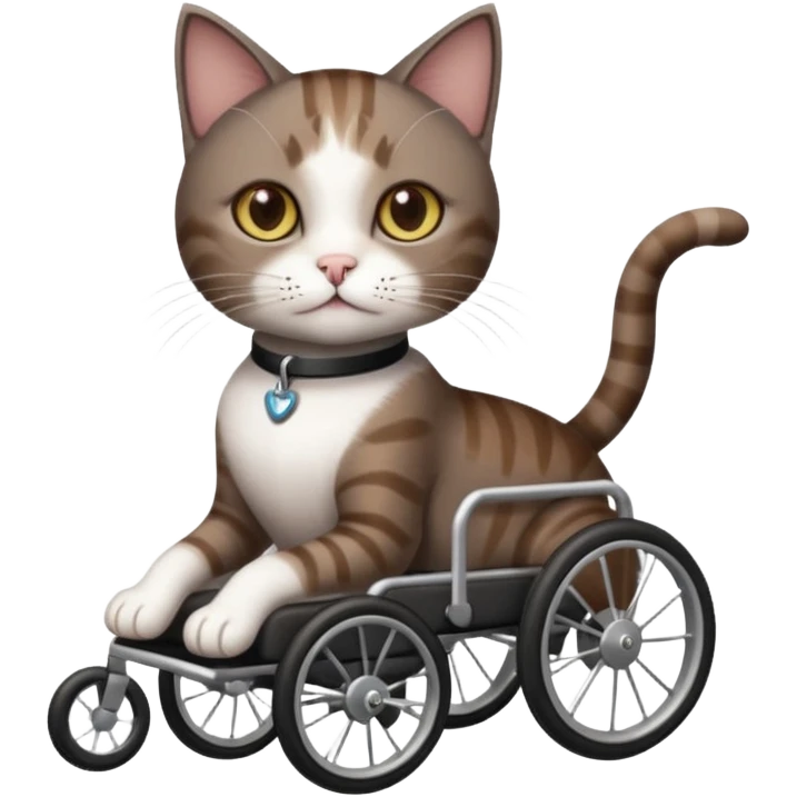 full body small short hair dark brown and white cat with hazel eyes walking in a wheelchair for cats emoji