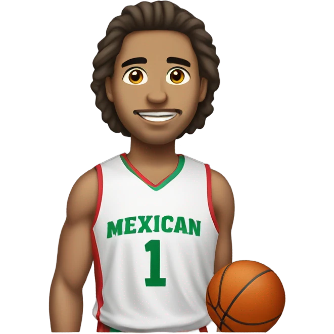 Light skin Mexican guy with medium length hair playing basketball emoji