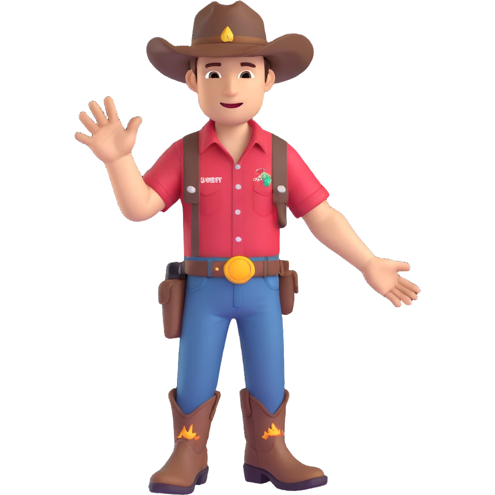 cowboy wearing a Jurassic Park shirt with visible logo, detailed hat and boots, fun and expressive emoji
