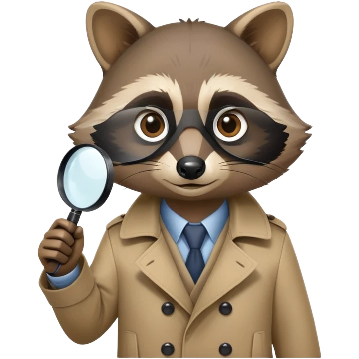 Raccoon private investigator with trenchcoat and magnifying glass emoji