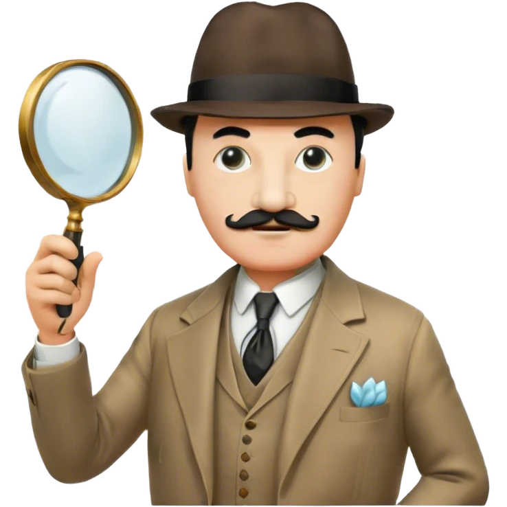 A cinematic-style frame showing Hercule Poirot in his iconic suit with a magnifying glass in a dramatic detective pose. Background should be mysterious city background and subtle clues like fingerprints or a crime scene. Transparent background. emoji