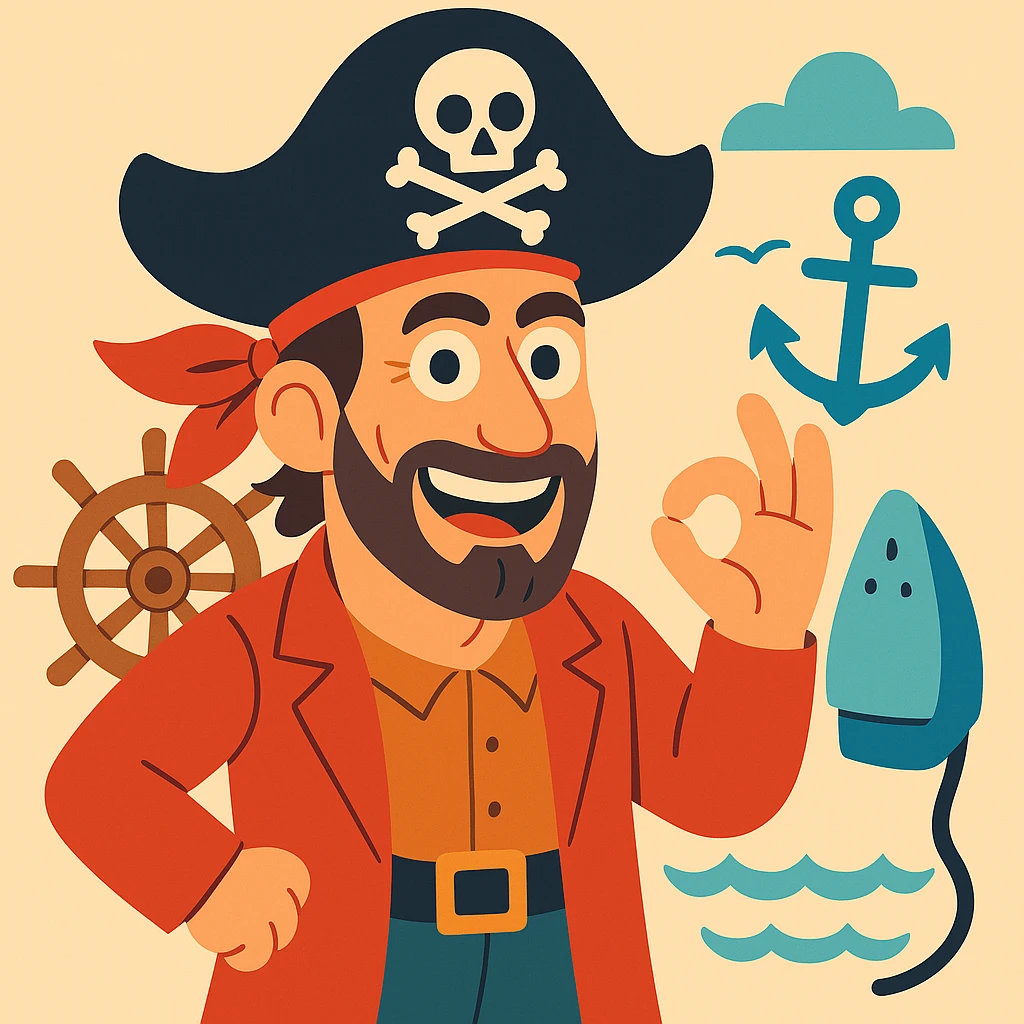 A pirate with the face of the man in the reference image, playful expression, nautical elements in the background. emoji