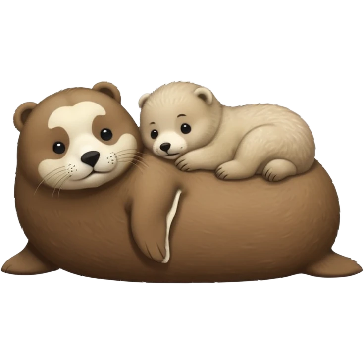 tiny white seal laying on a big brown bear’s belly emoji