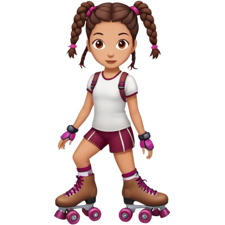 Cute girl, brunette with two braids, burgundy rollerskates emoji