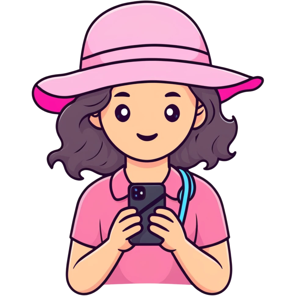 white girl with wavy hair holding her phone and a pink beach hat emoji