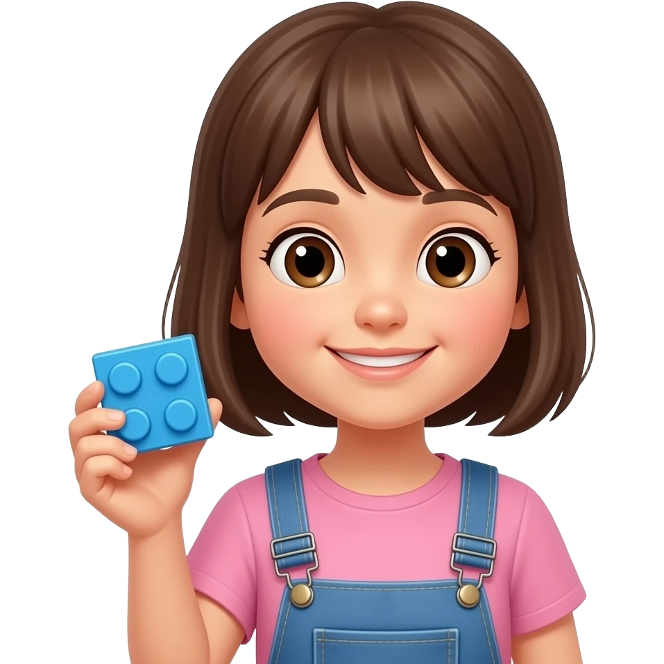 A girl kid holding one blue building block emoji