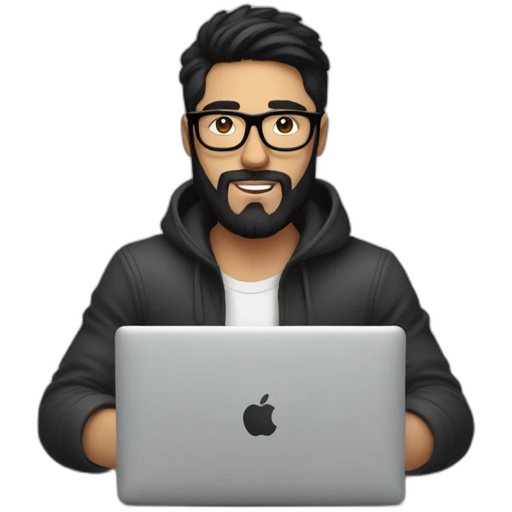 Designer with black hair, beard and glasses working with MacBook and drinking cappuccino  emoji