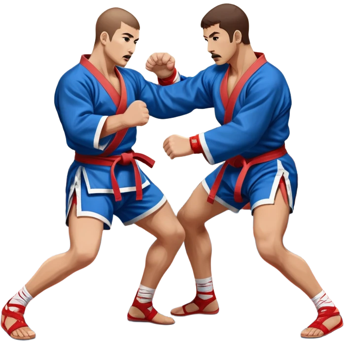 Two Sambo fighters in blue and red kimonos, with shorts and wrestling shoes, performing grappling and throwing techniques. The background shows a wrestling mat and an intense, focused atmosphere. Transparent background highlights the fluidity and skill of the sport without strikes. emoji