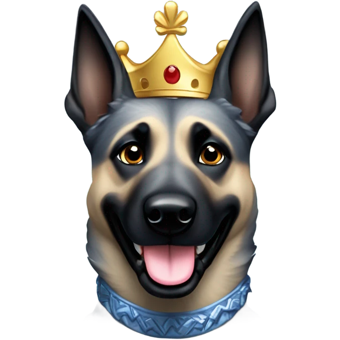 A smiling malinois dark blue merle color, without red and white color with a crown on his head emoji