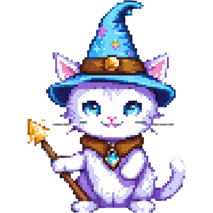 wizard cat with a pointy hat and magic wand emoji