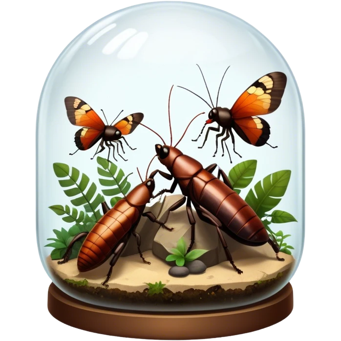 Close-up of giant Madagascar hissing cockroaches, butterflies, and stick insects inside a terrarium, with detailed textures of their bodies, wings, and legs. Soft lighting highlights their features. Transparent background. emoji