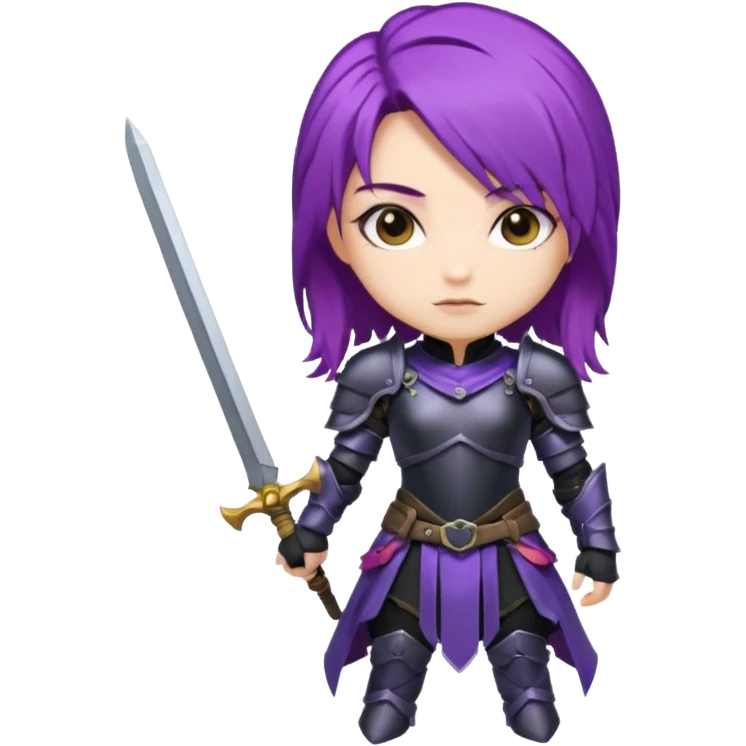 mysterious warrior girl with flowing purple hair, dressed in black armor, chibi proportions emoji