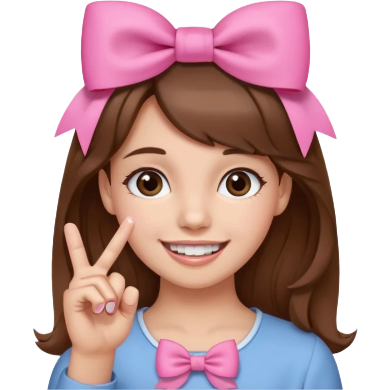 Chica con pelo marron sonriendo con un lazo rosa en la cabeza y con la punta del dedo indice entre los dientes con delicadeza y la otra mano que no salga en el emoji emoji