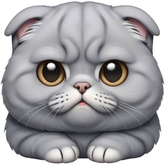 Cinematic Comical Grey Scottish Fold Cat Portrait Emoji, Head tilted with a scrunched, grumpy expression and adorable folded ears, sleek soft grey fur with subtle blue undertones, Simplified yet sharp features, highly detailed, glowing with a slightly sarcastic glow, high shine, poised but with a comically displeased demeanor, stylized with an air of playful disdain, focused yet unimpressed, soft glowing outline, capturing the essence of a grumpy yet endearing kitty with the classic Scottish Fold charm, so lifelike it feels like it could give you an exaggerated sigh and a disapproving stare at any moment! emoji