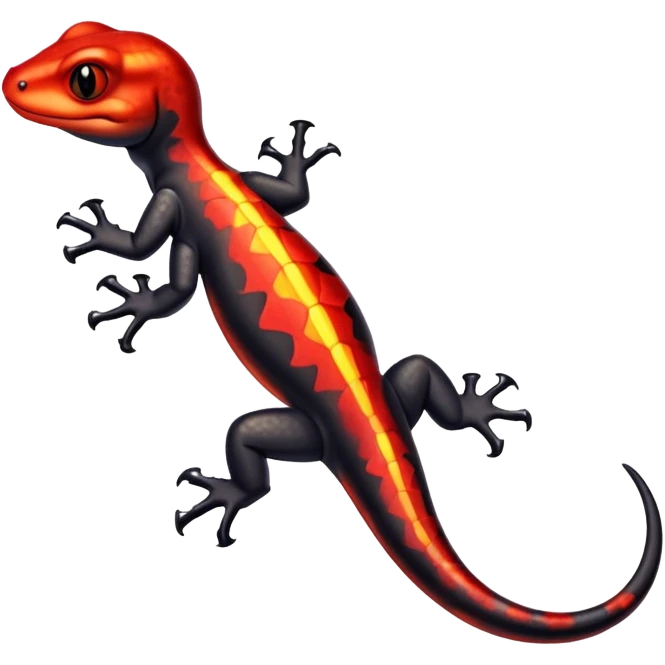 Salamander with black scales and fiery red flashes on its body, sleek and reptilian appearance emoji