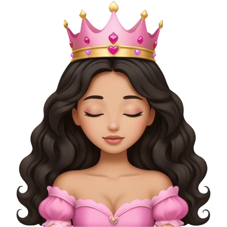Very tanned princess, with long black wavy hair and a crown, a pink princess Outfit. In love with hearts. With Closed Eyes. Sleeping. emoji