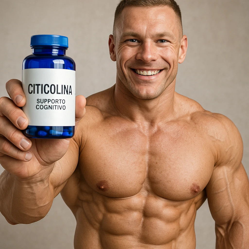 hyper realistic bodybuilder smiling showing blue bottle of Citicolina, defined muscles, visible label, text 'Citicolina: supporto cognitivo', positive atmosphere emoji