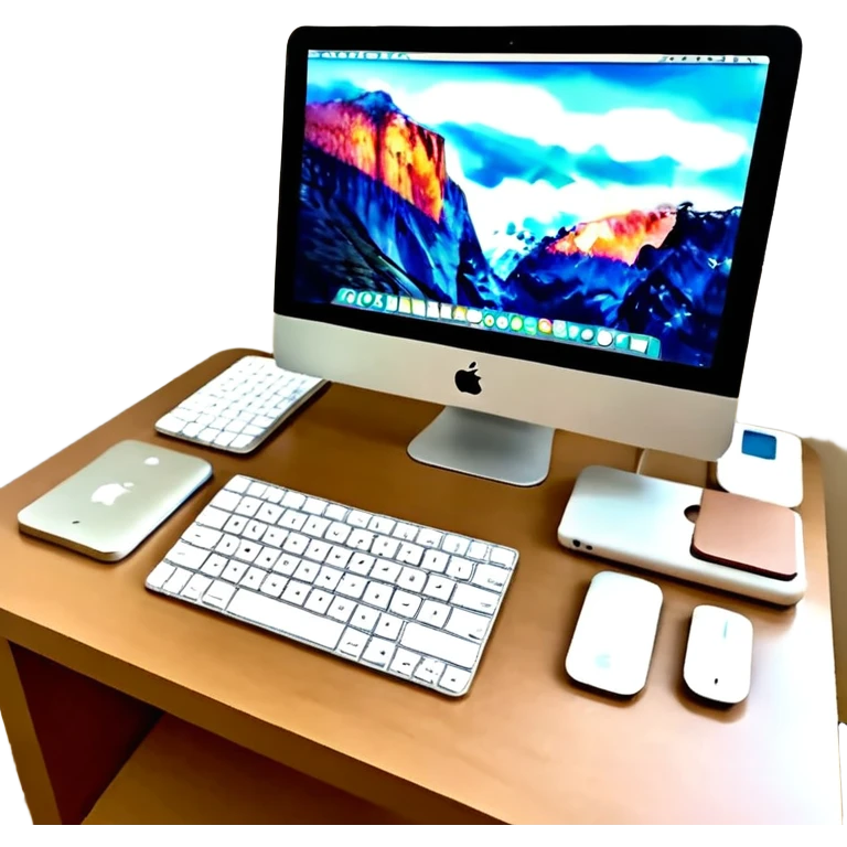 斜視角，雜亂的工程師桌面：M4 imac、筆記本、文件夾、小紙團垃圾，背景透明 emoji