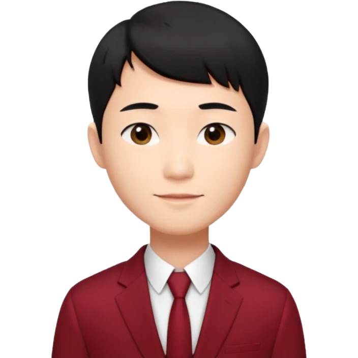 handsome Asian man emoji, short black hair with soft fringe, clean and elegant look, fair skin, gentle smile, wearing dark red suit and white shirt emoji