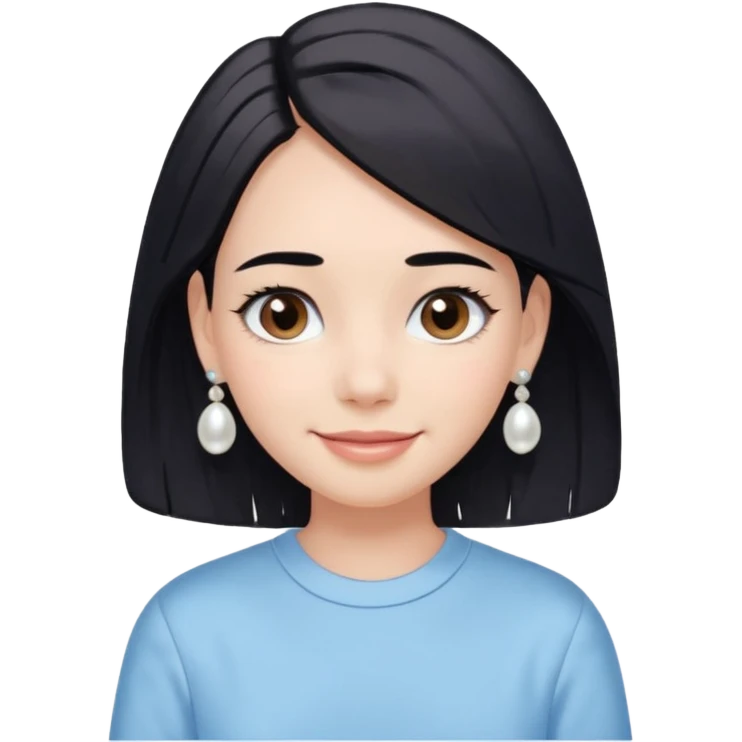  emoji of a smiling girl with a long bob haircut in black-brown color, fair tan skin, soft black eyebrows, and brown eyes. She's wearing a pastel blue shirt, has pearl earrings, and white clean hair clips. Her look is fresh and minimal clean girl aesthetic. Use a white background, emoji