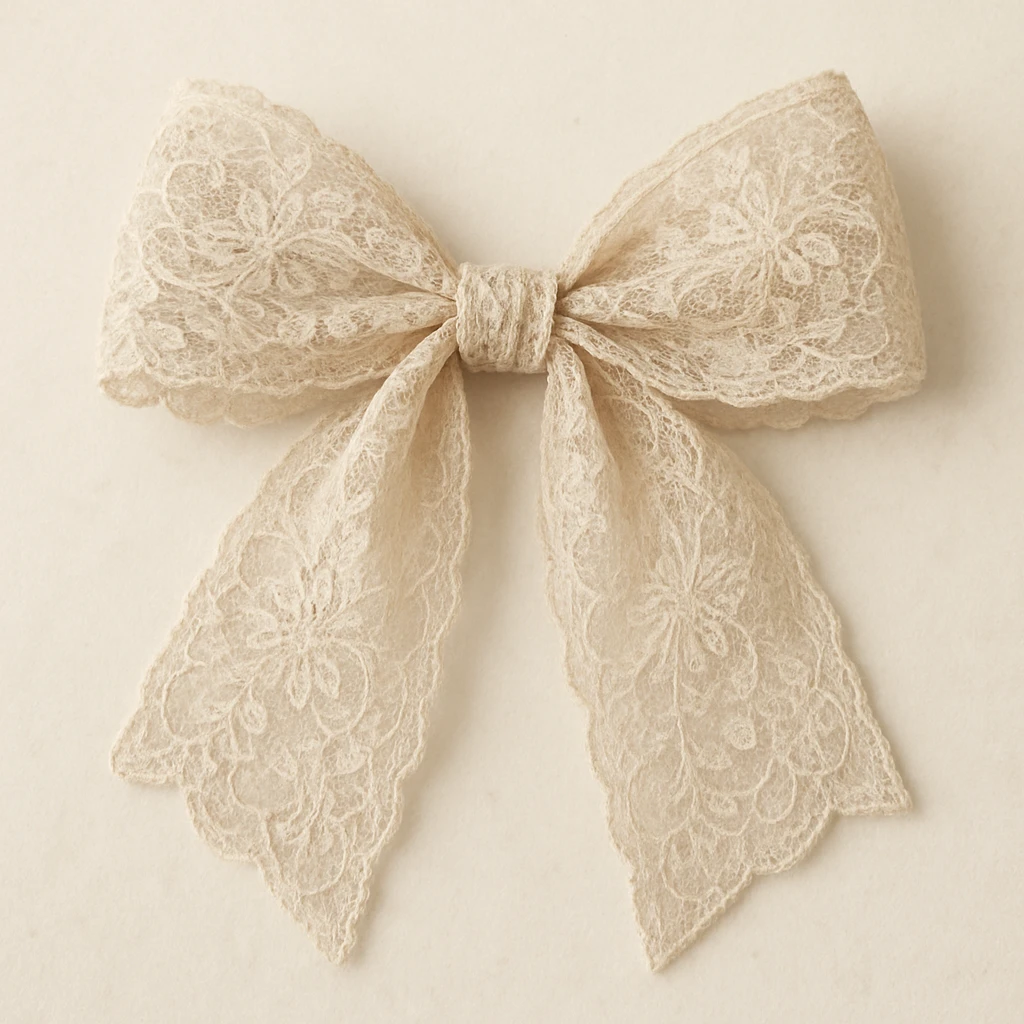 a beige lace bow, delicate and elegant, with intricate lace patterns and soft neutral tones emoji