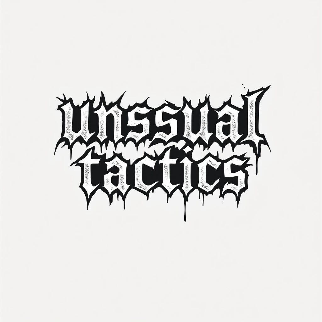 a logo, resembling that of metal band logo, for the text: "unusual tactics", drip font, symmetrical lettering, lettering only emoji